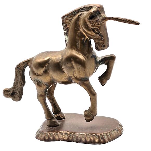 Elegant Brass Unicorn Figurine - Mid-Century Prancing Horse Art Piece on Stand - Picture 1 of 7